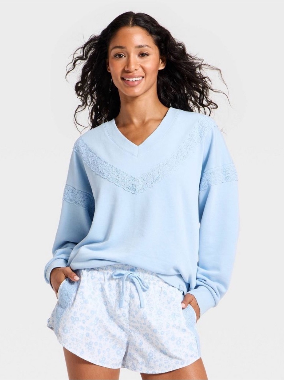 JoyLab Light Blue V-Neck Crochet Trim Sweatshirt